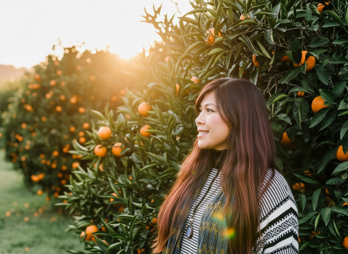 Cherryl smiling among orange trees